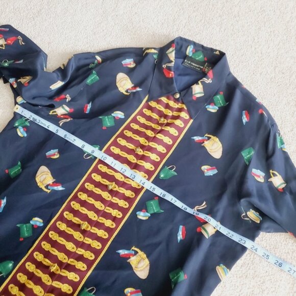 Vintage Liz Claiborne Pure Silk Equestrian Novelty Military Print Preppy Blouse - Picture 5 of 8
